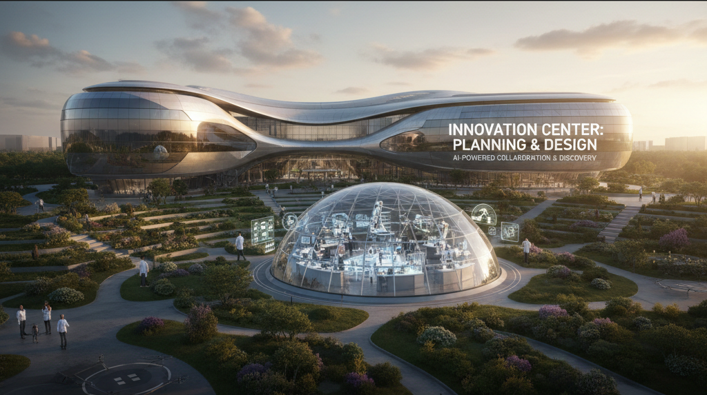 Aerial view of a modern innovation centre campus with connected workspace and R&D facilities